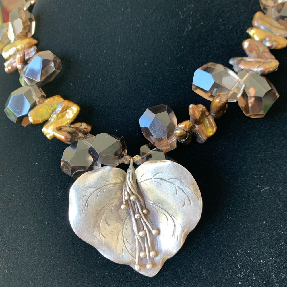 Smokey Quartz, Pearl, Sterling Silver Necklace & Matching Earrings